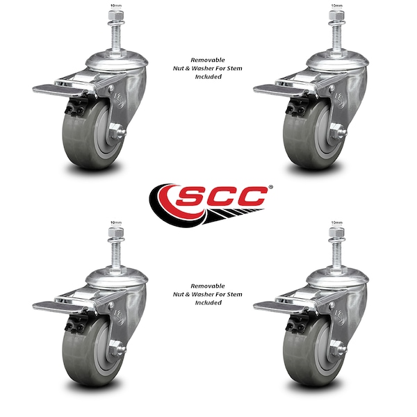 3.5 Inch Gray Polyurethane Swivel 10mm Stem Caster Set with Total Lock Brake